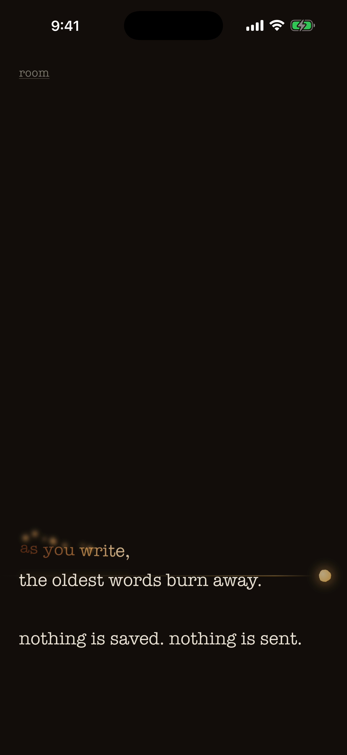 the writing page: as you write, the oldest words burn away. nothing is saved. nothing is sent.